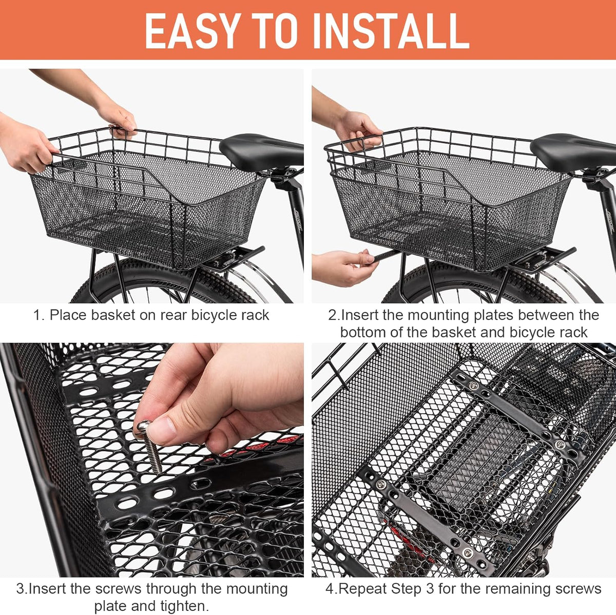 Large Rear Bike Basket with Cargo Net and Waterproof Cover