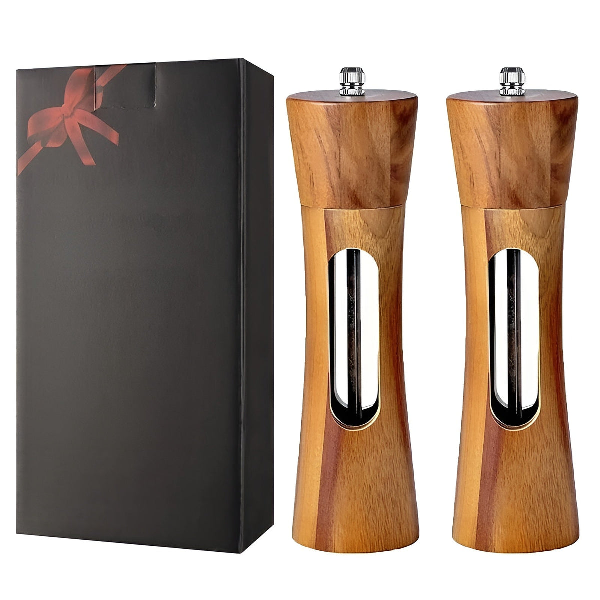 Manual Salt and Pepper Mill Set – Wooden Design with Acrylic Window and Adjustable Grind Levels