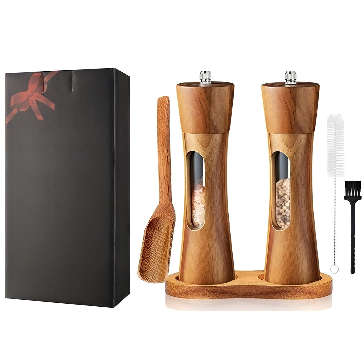 Manual Salt and Pepper Mill Set – Wooden Design with Acrylic Window and Adjustable Grind Levels