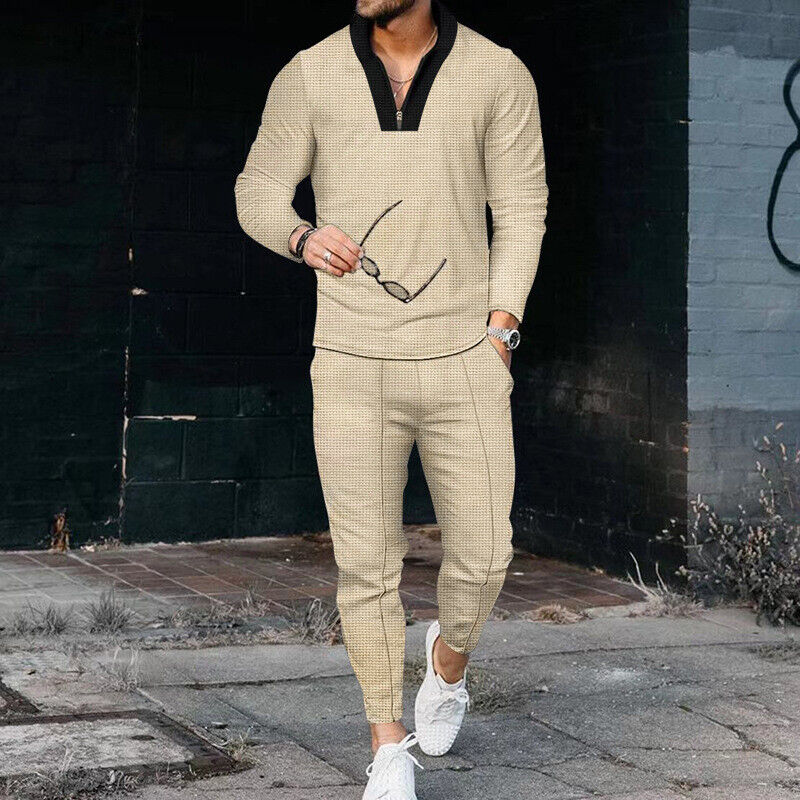 Men's Casual Two-Piece Set with Zip Top and Trousers