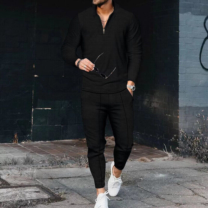 Men's Casual Two-Piece Set with Zip Top and Trousers