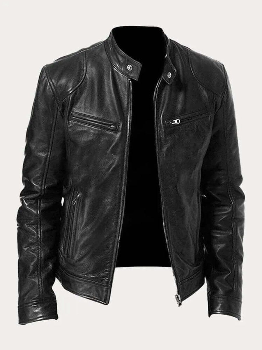 Men's Classic Zip-Up Biker Jacket with Stand Collar