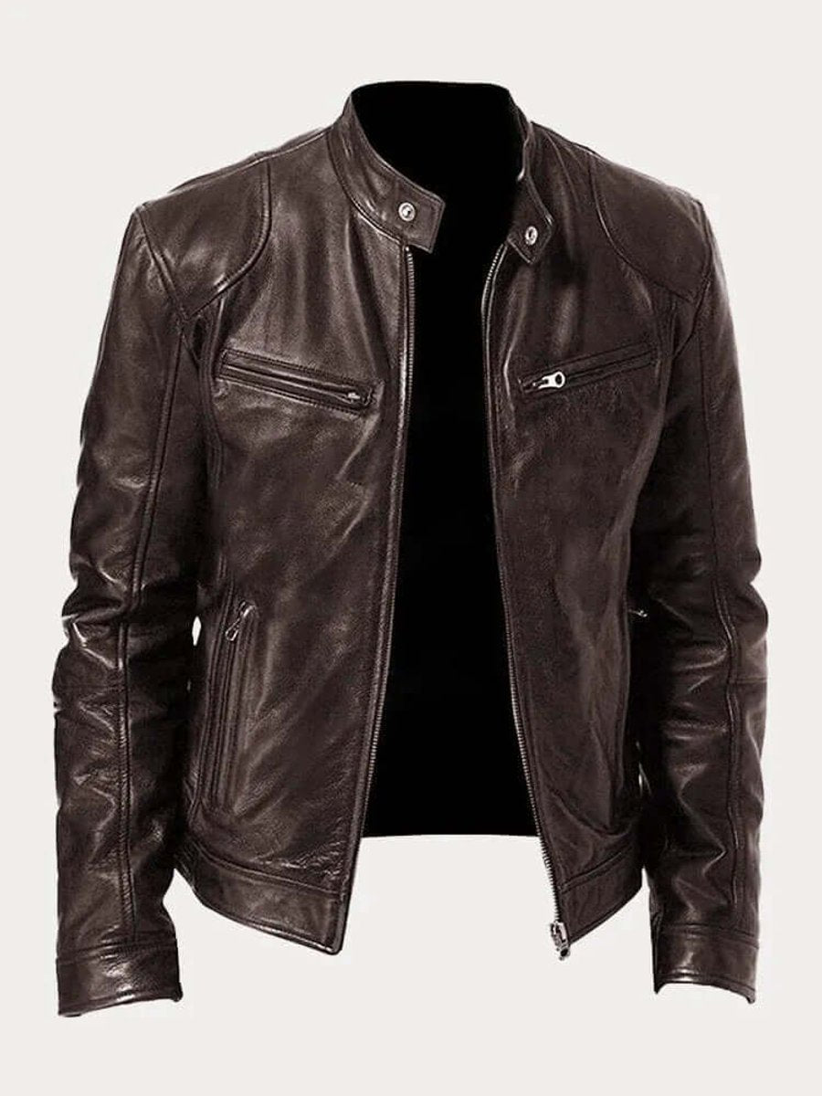 Men's Classic Zip-Up Biker Jacket with Stand Collar