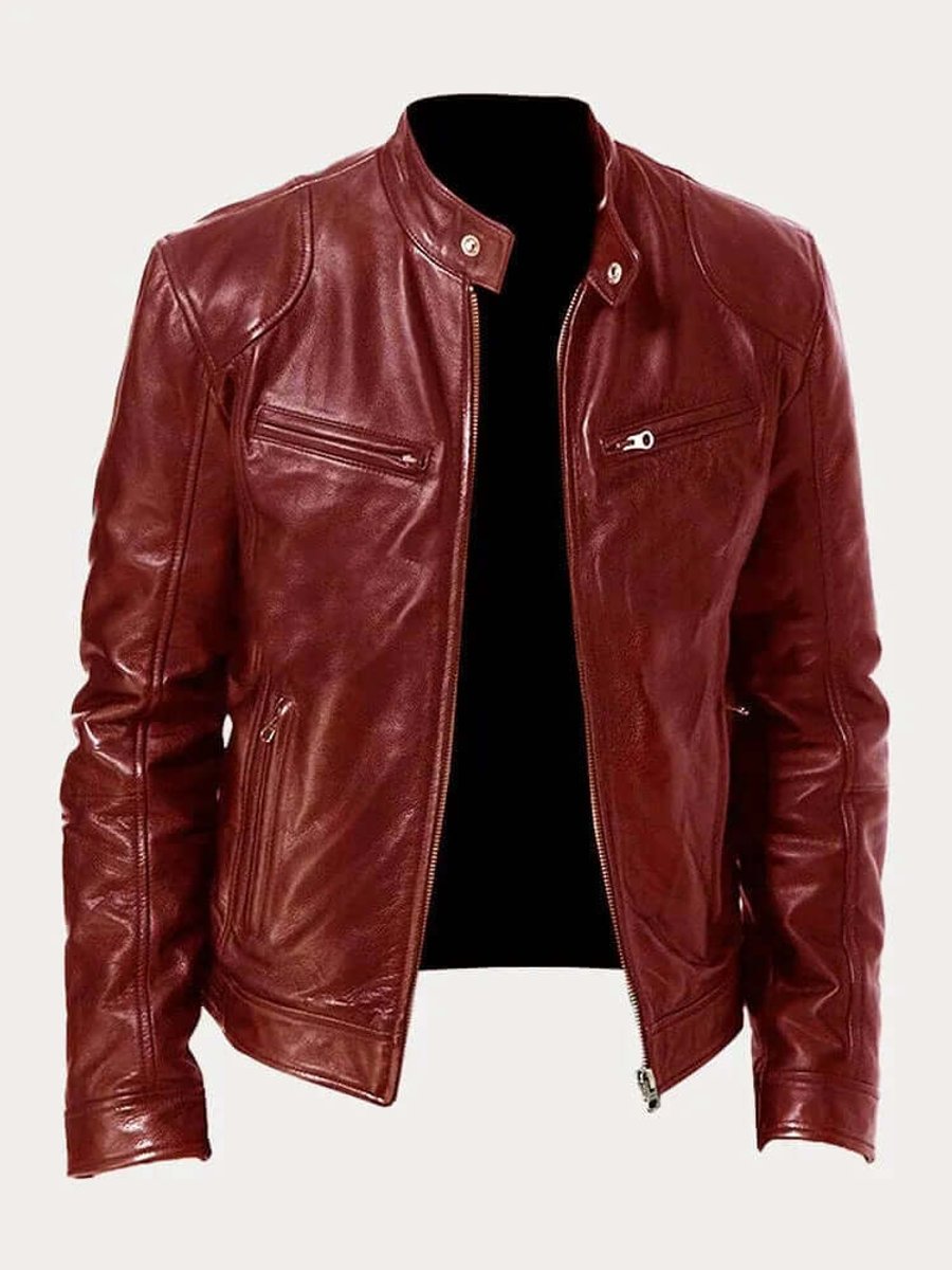 Men's Classic Zip-Up Biker Jacket with Stand Collar