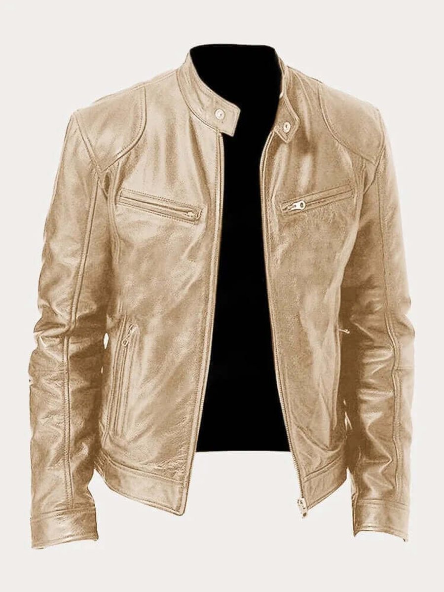 Men's Classic Zip-Up Biker Jacket with Stand Collar