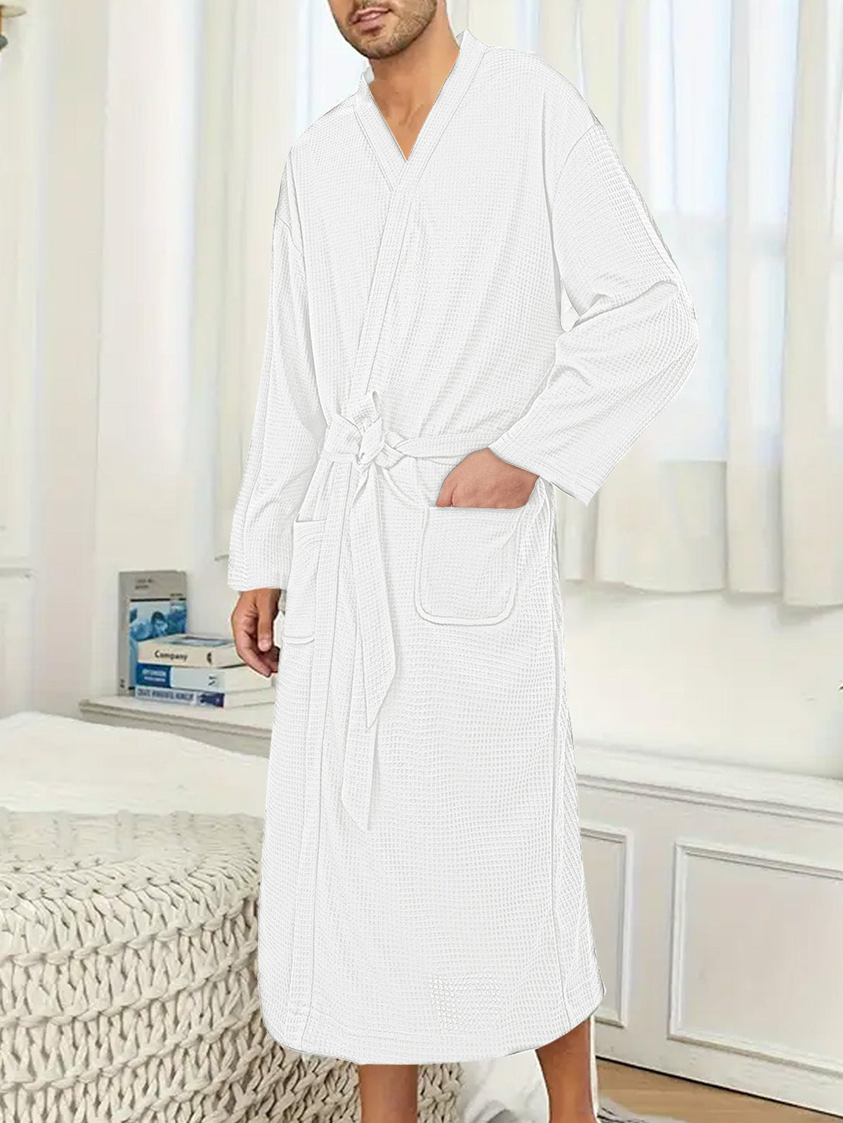 Men's Lightweight Kimono Bathrobe with Waffle Texture and Patch Pockets