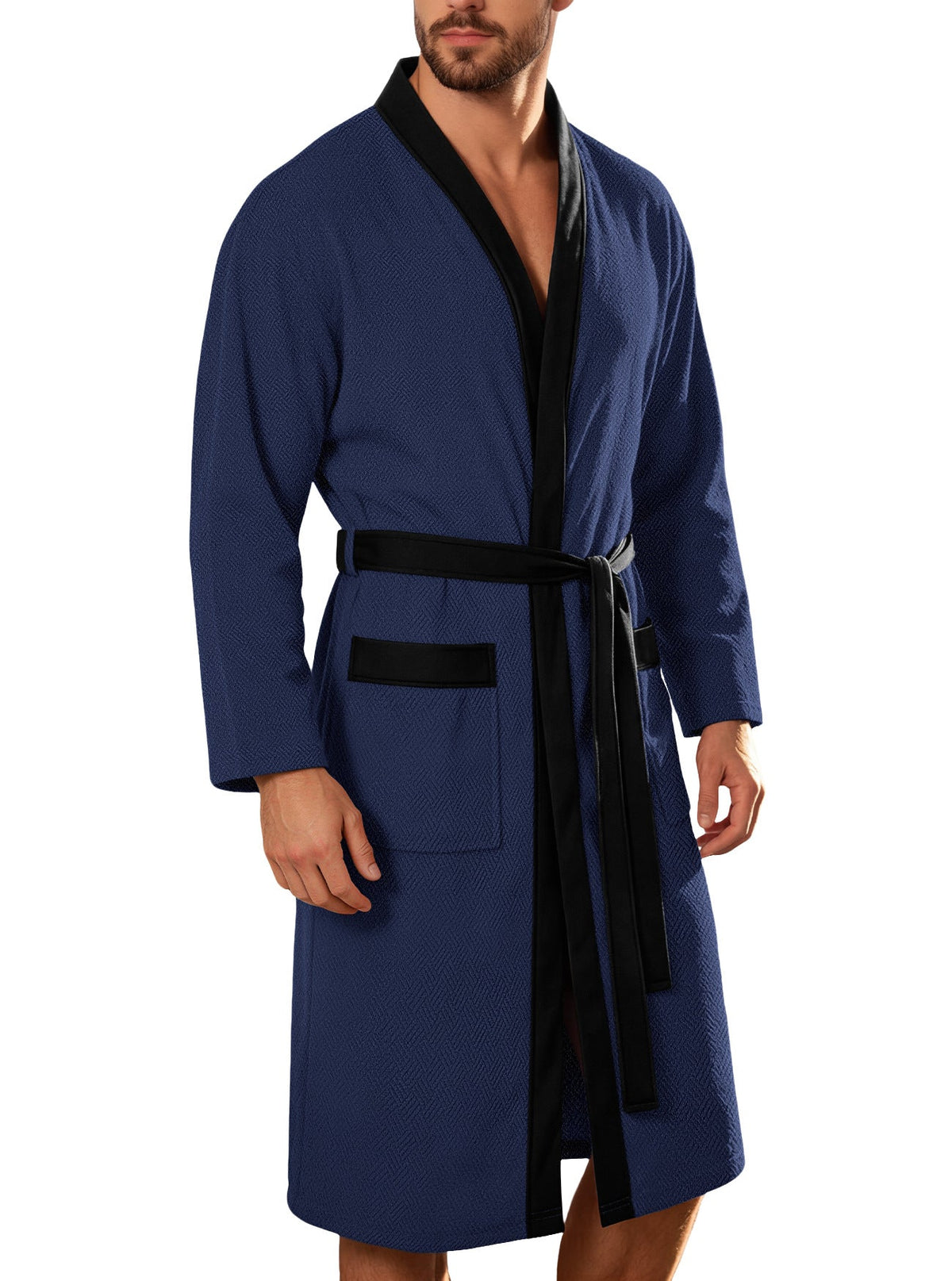 Men's Lightweight Kimono Bathrobe with Waffle Texture and Patch Pockets