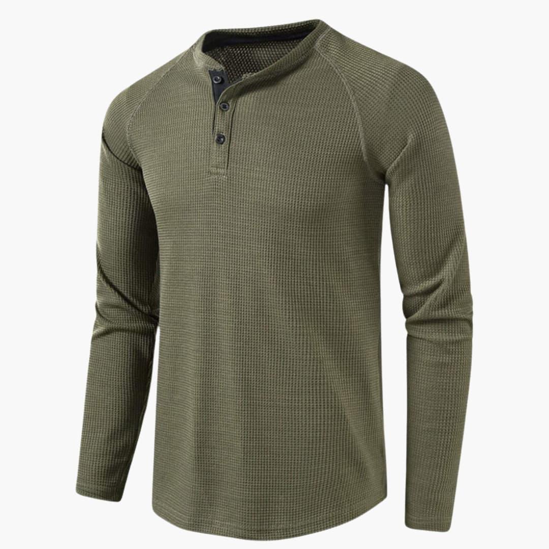 Men's Long-Sleeve Henley T-Shirt with Button Placket and Natural Texture