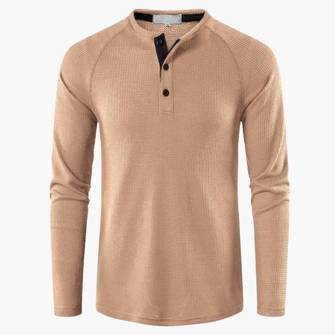 Men's Long-Sleeve Henley T-Shirt with Button Placket and Natural Texture