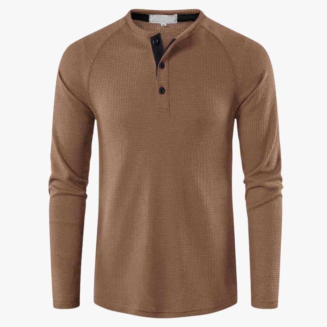 Men's Long-Sleeve Henley T-Shirt with Button Placket and Natural Texture