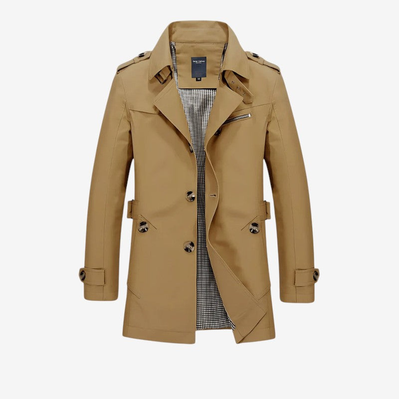 Men's Long-Sleeve Trench Coat with Lapel Collar