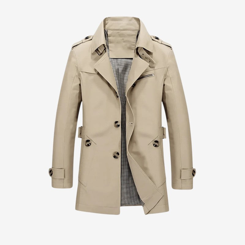 Men's Long-Sleeve Trench Coat with Lapel Collar
