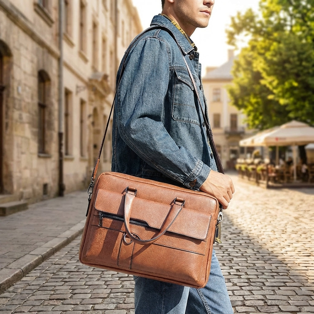 Men's Professional 14-Inch Laptop Briefcase with Adjustable Strap – Black