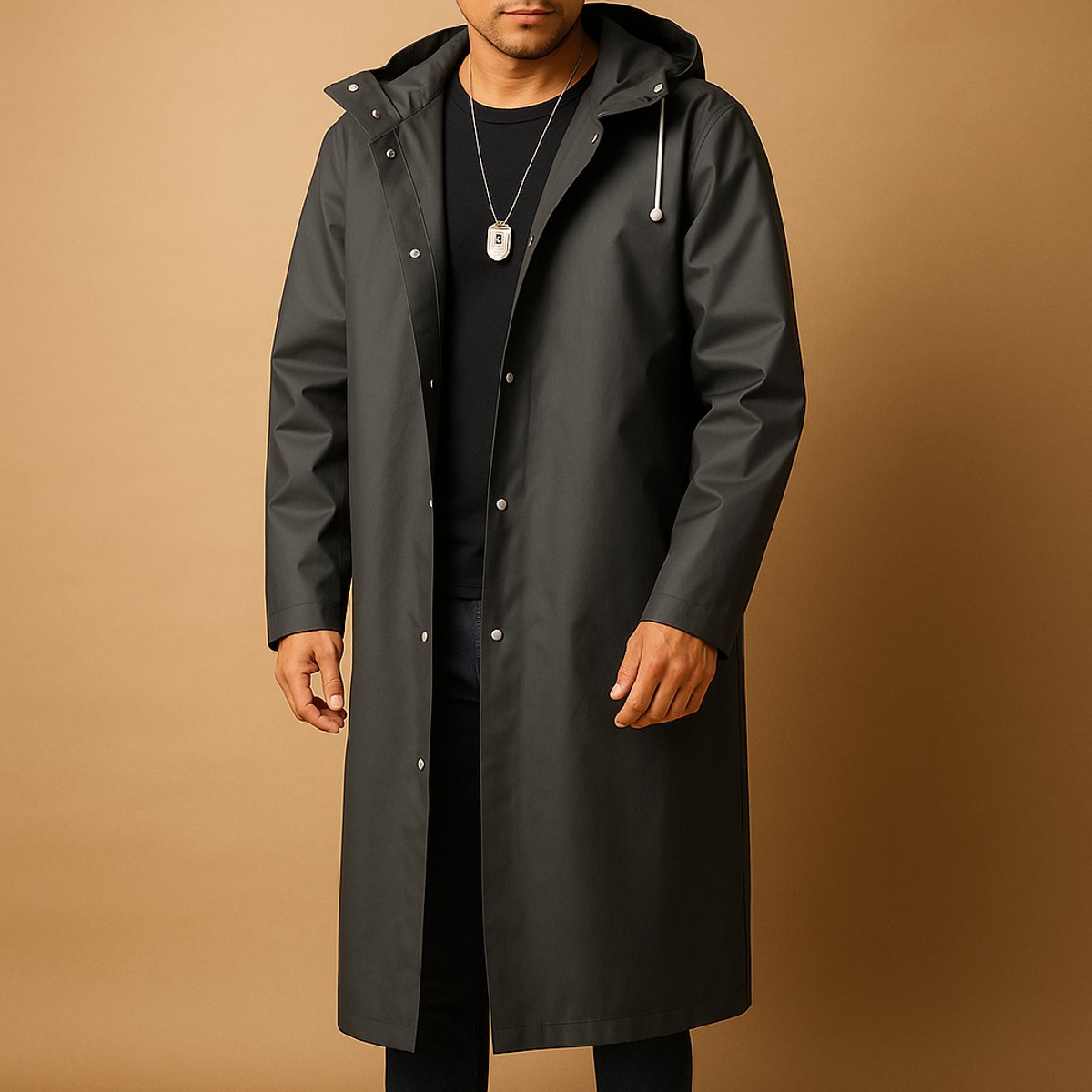 Men's Relaxed-Fit Waterproof Hooded Long Rain Jacket