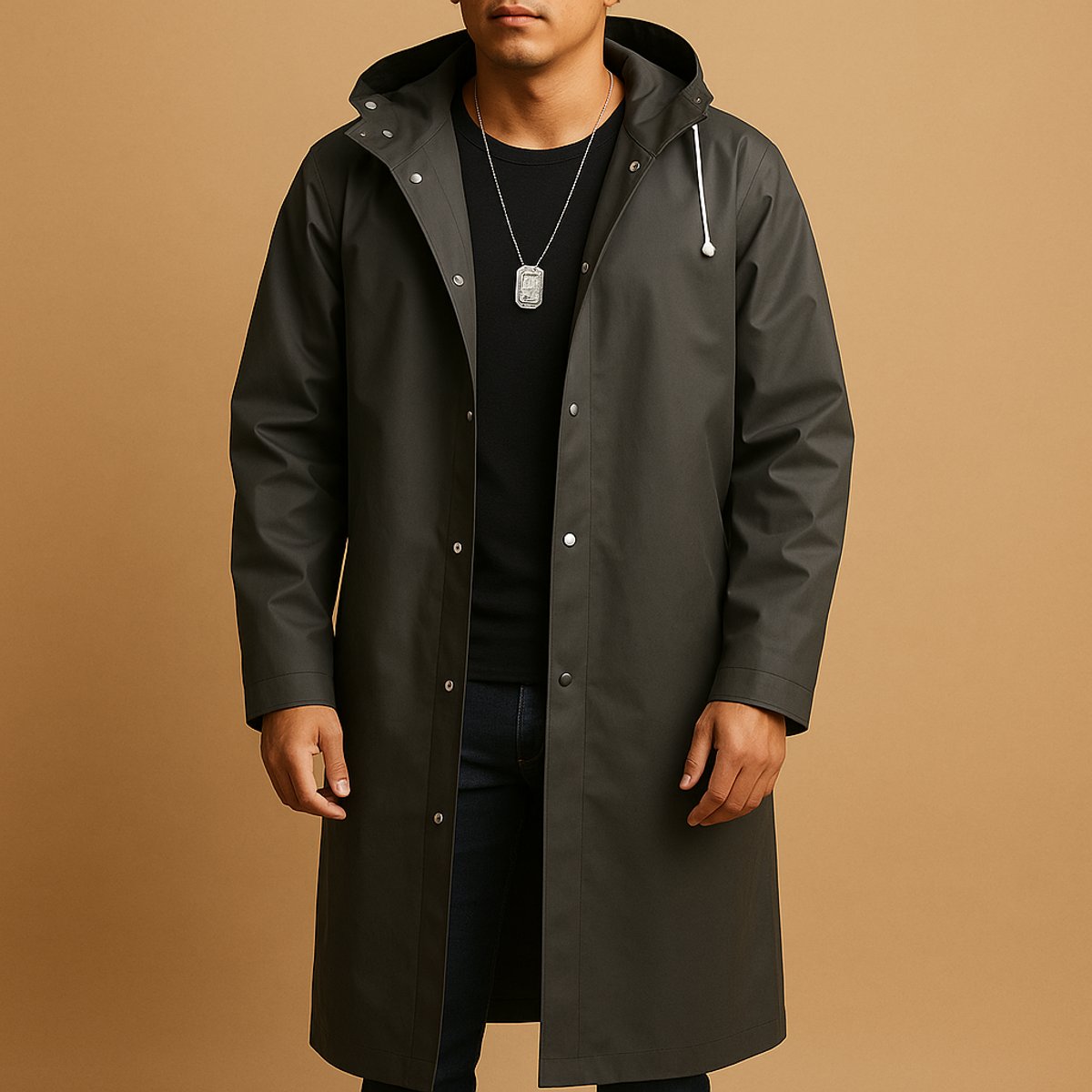 Men's Relaxed-Fit Waterproof Hooded Long Rain Jacket