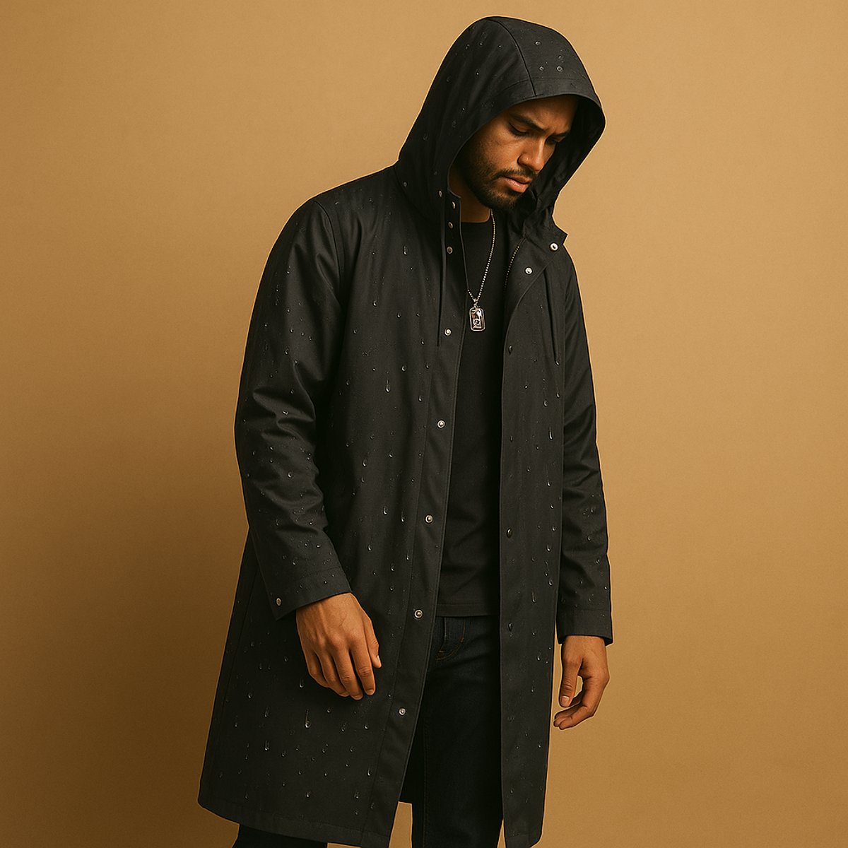 Men's Relaxed-Fit Waterproof Hooded Long Rain Jacket