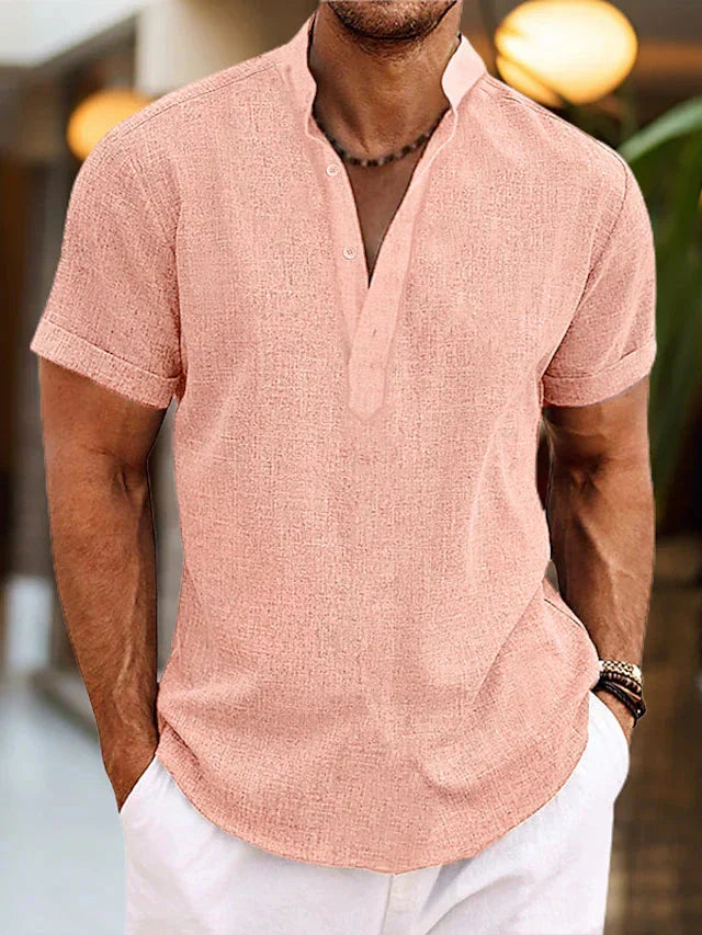 Men's Short-Sleeve Shirt with V-Neck Collar