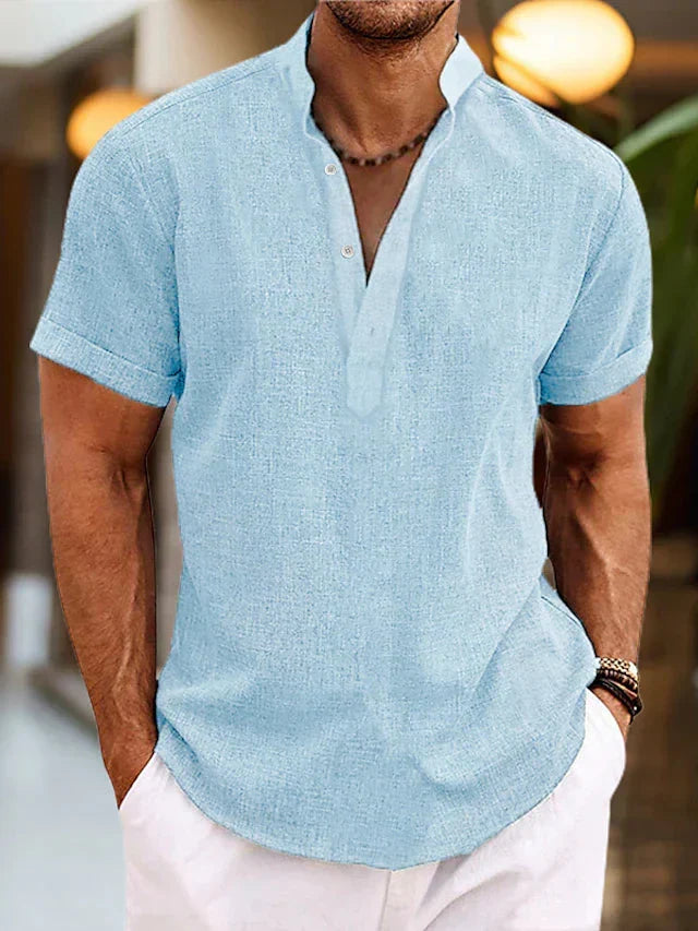 Men's Short-Sleeve Shirt with V-Neck Collar