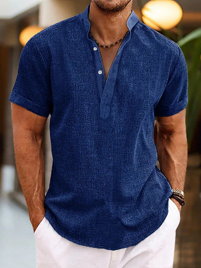 Men's Short-Sleeve Shirt with V-Neck Collar