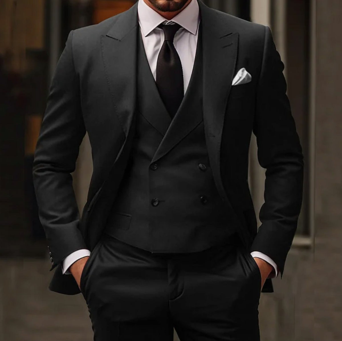 Men's Slim Fit Three-Piece Suit Set with Tailored Jacket, Vest, and Trousers