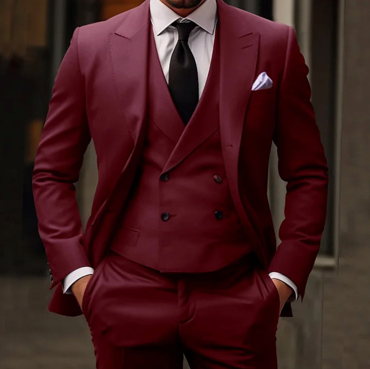 Men's Slim Fit Three-Piece Suit Set with Tailored Jacket, Vest, and Trousers