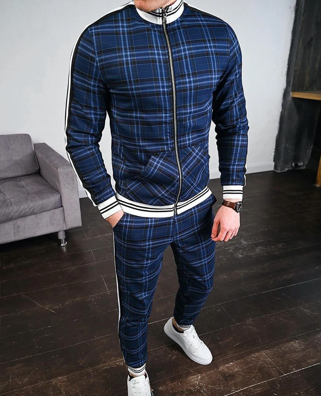Men's Stylish Plaid Tracksuit