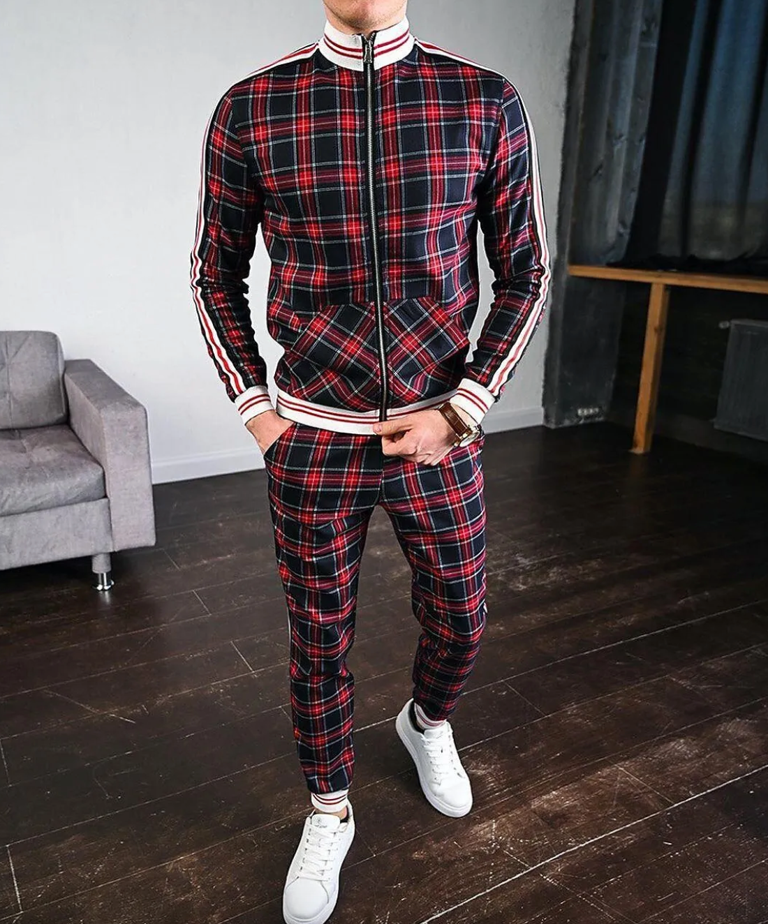 Men's Stylish Plaid Tracksuit