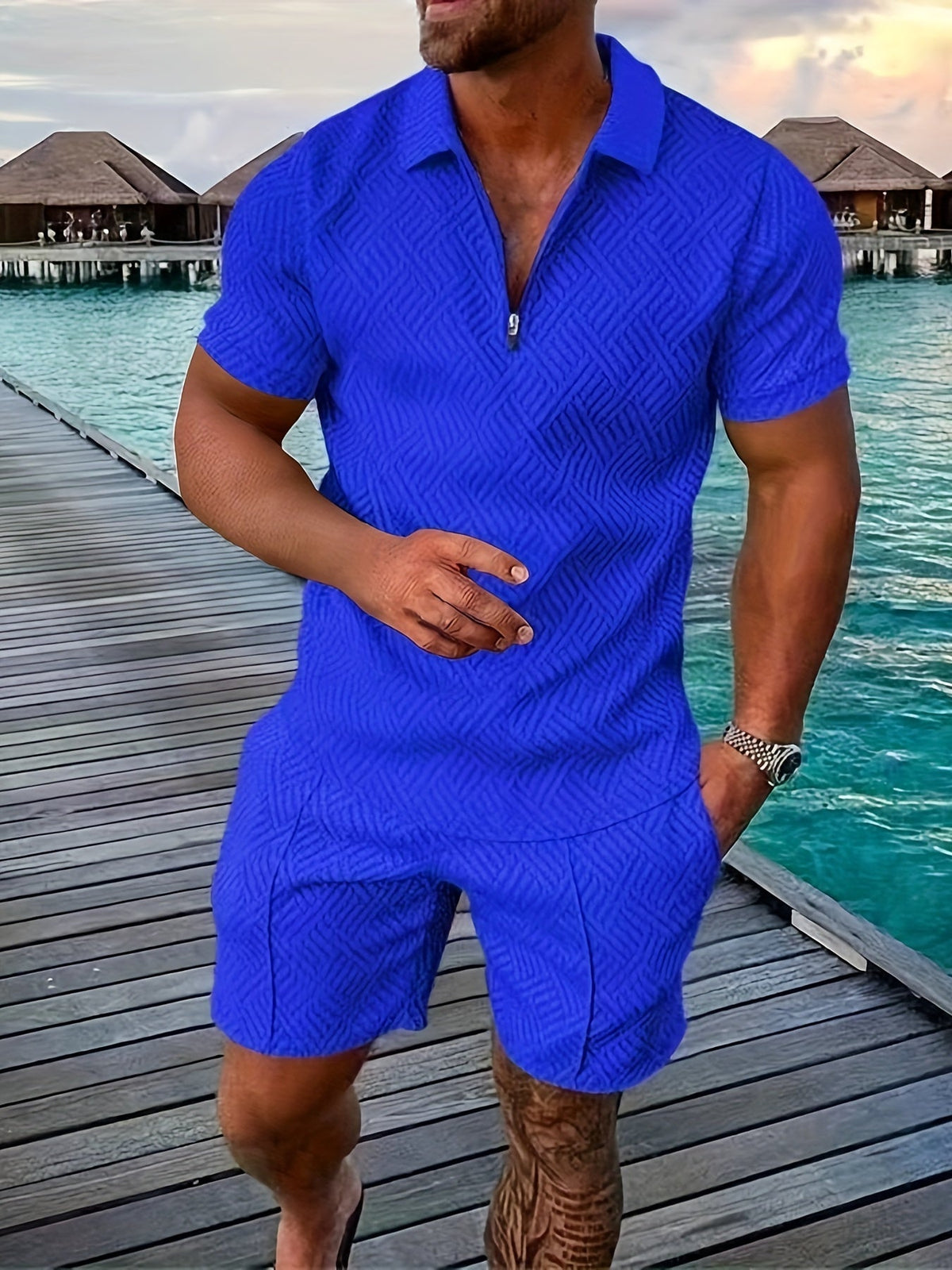 Men's Textured Quarter-Zip Polo and Shorts Set