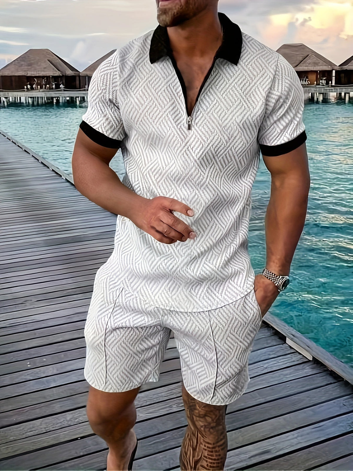 Men's Textured Quarter-Zip Polo and Shorts Set
