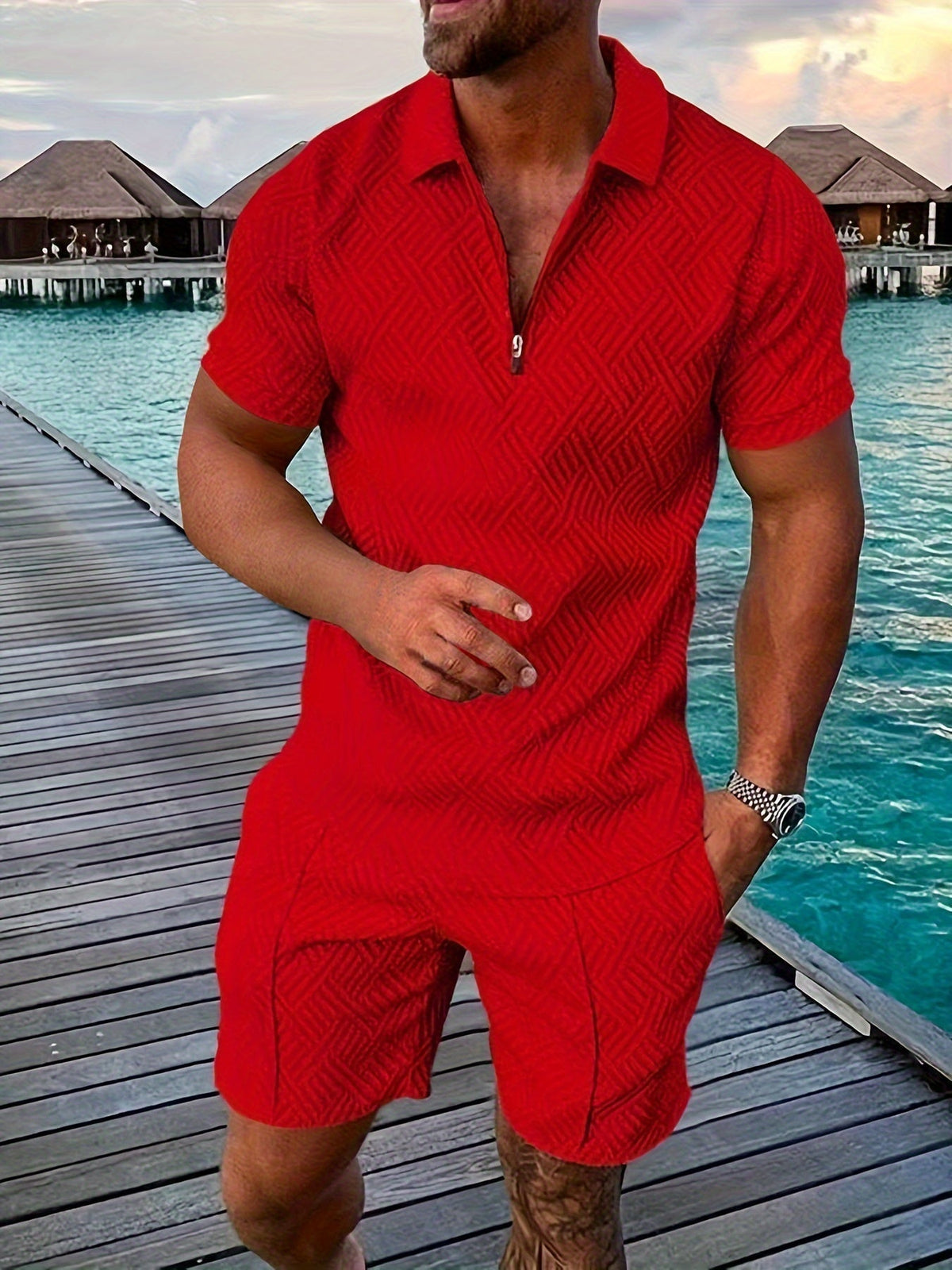 Men's Textured Quarter-Zip Polo and Shorts Set