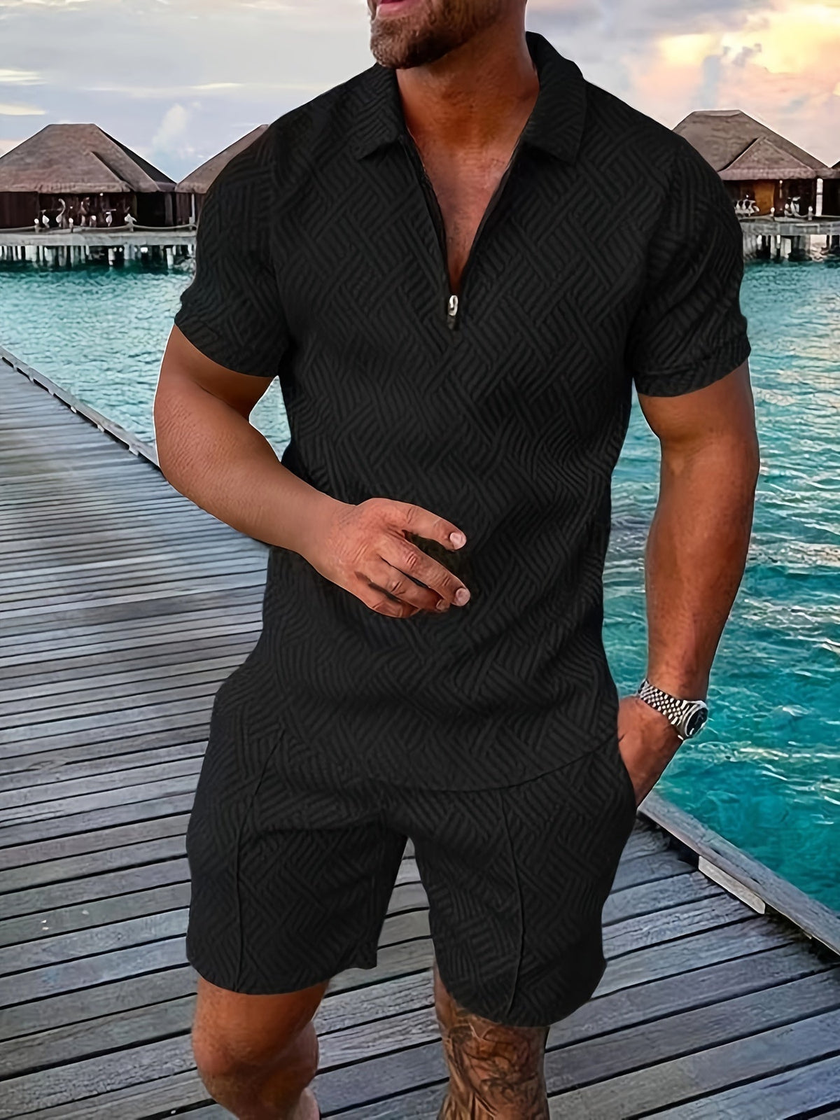 Men's Textured Quarter-Zip Polo and Shorts Set