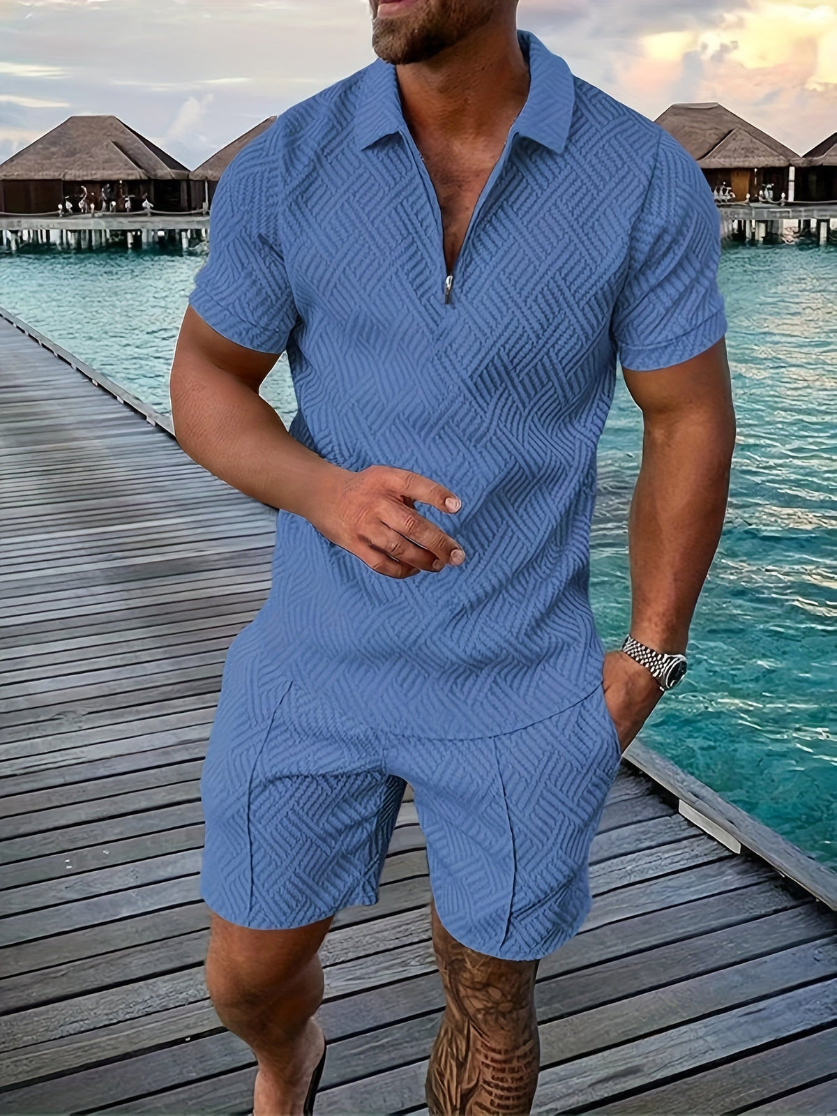 Men's Textured Quarter-Zip Polo and Shorts Set