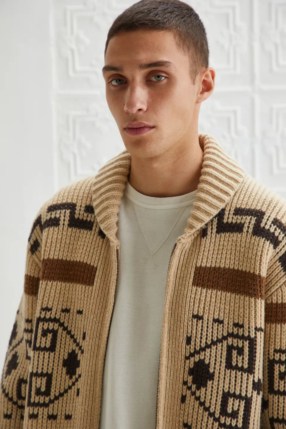 Men's Vintage Jacquard Zip-Up Cardigan