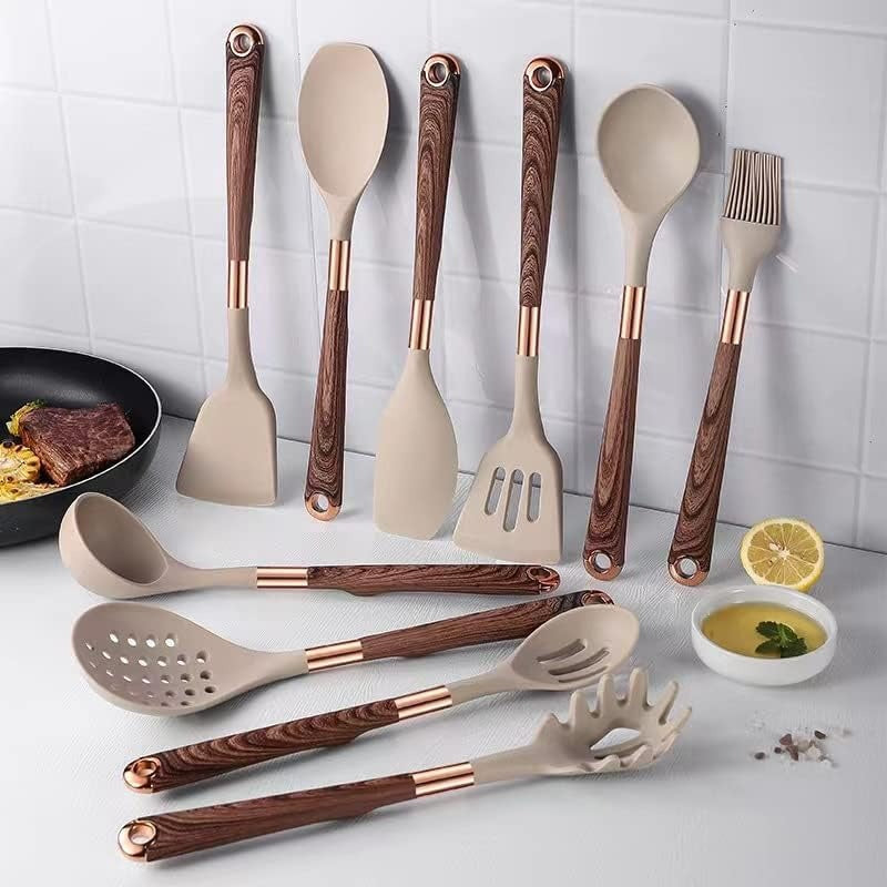 Modern 10-Piece Wood-Look Silicone Cooking Utensil Set