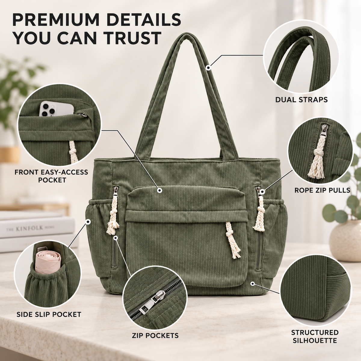 Multi-Pocket Shoulder Tote Bag