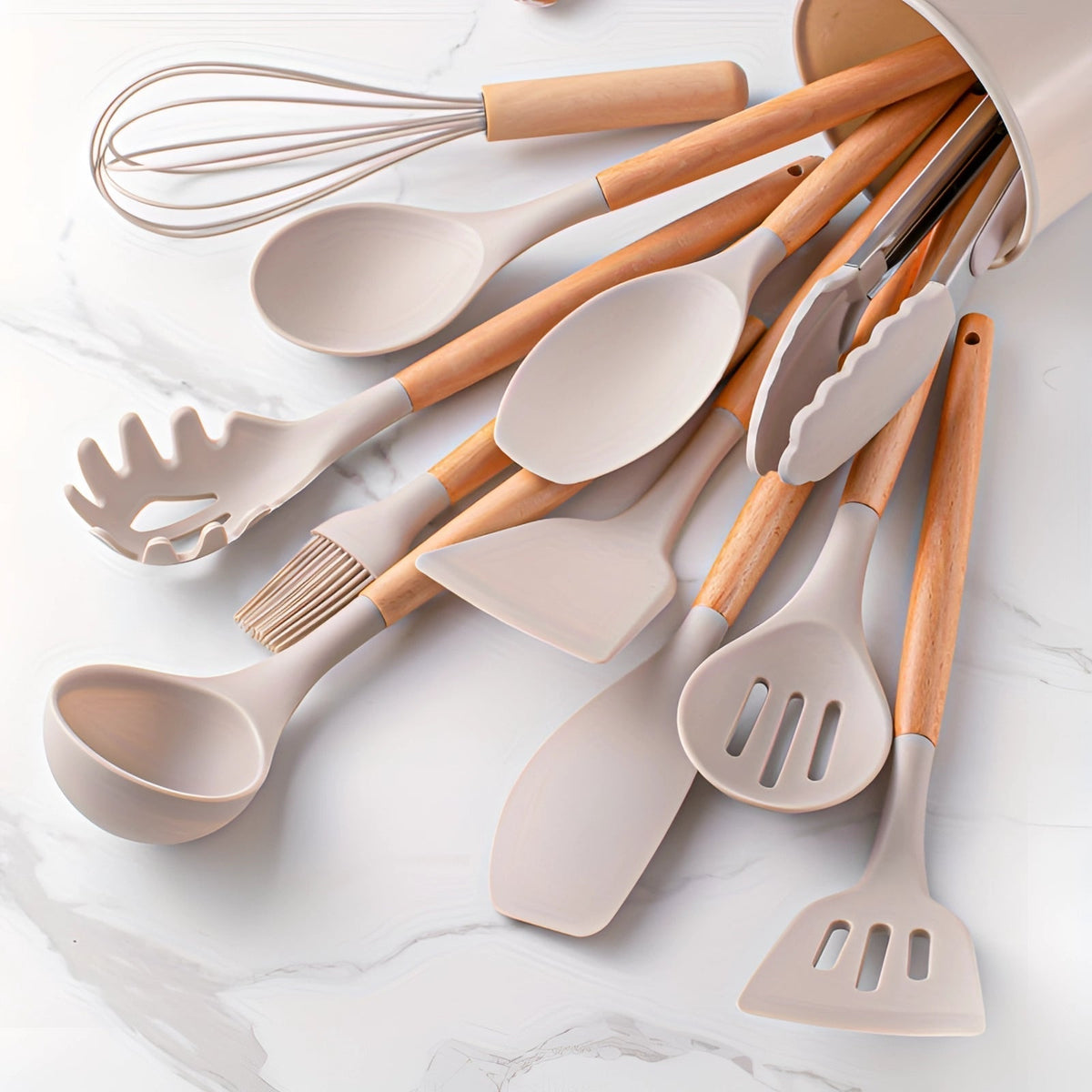 Non-Stick Silicone Kitchen Utensil Set with Bamboo Handles
