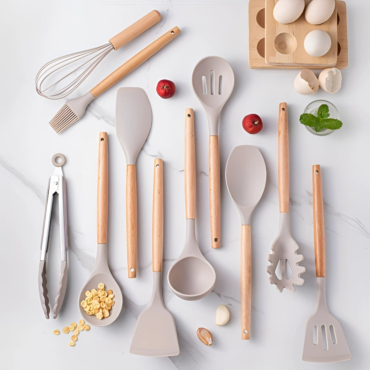 Non-Stick Silicone Kitchen Utensil Set with Bamboo Handles