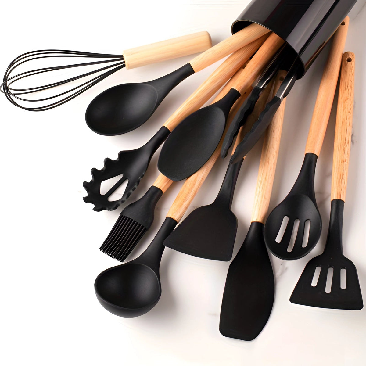 Non-Stick Silicone Kitchen Utensil Set with Bamboo Handles
