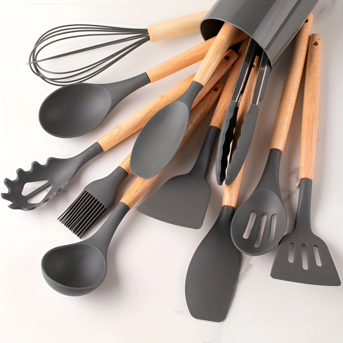 Non-Stick Silicone Kitchen Utensil Set with Bamboo Handles
