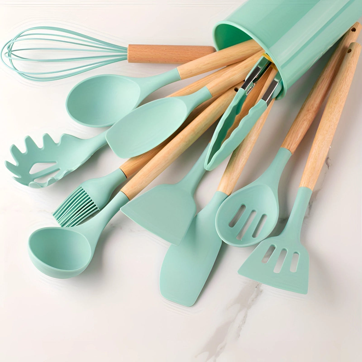 Non-Stick Silicone Kitchen Utensil Set with Bamboo Handles