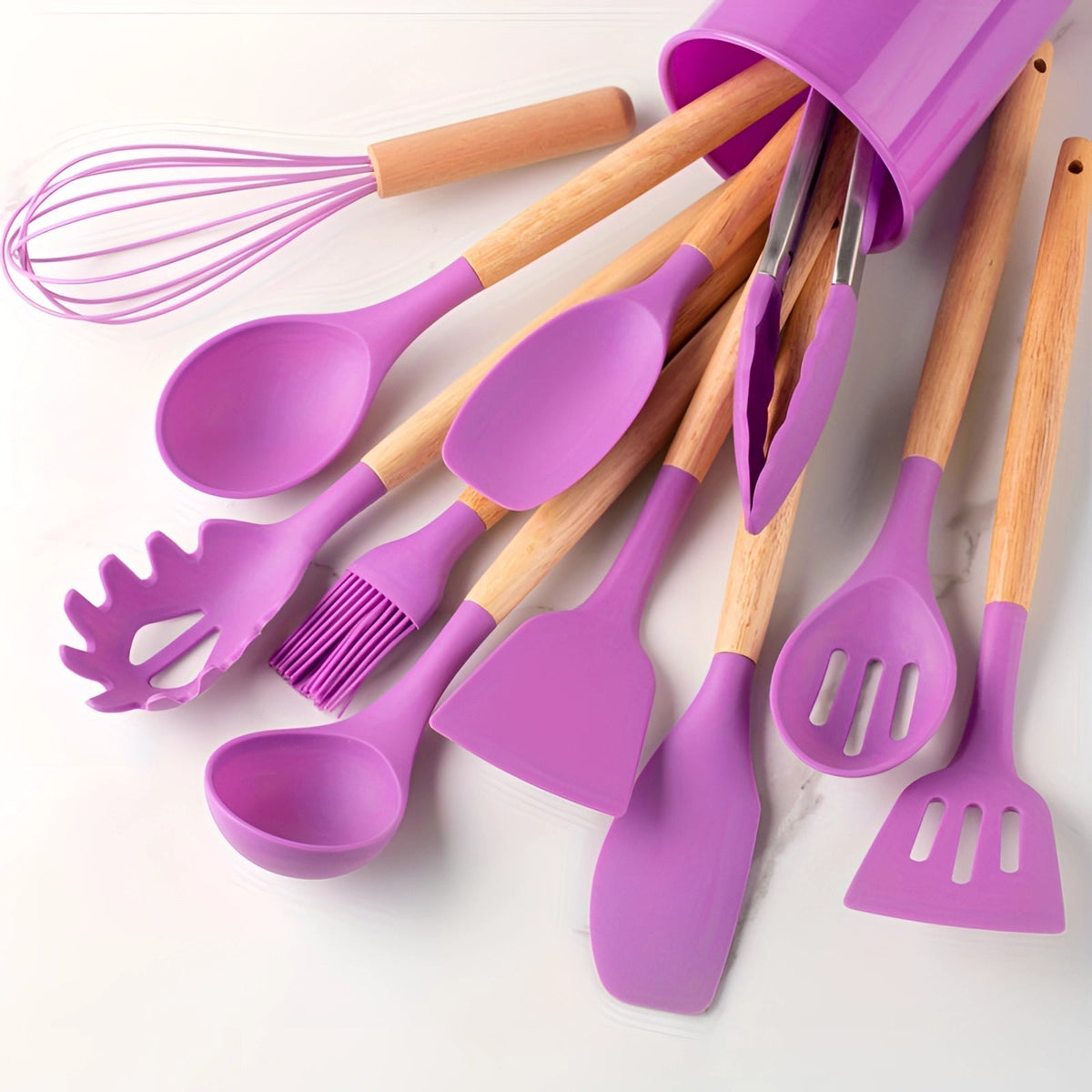 Non-Stick Silicone Kitchen Utensil Set with Bamboo Handles