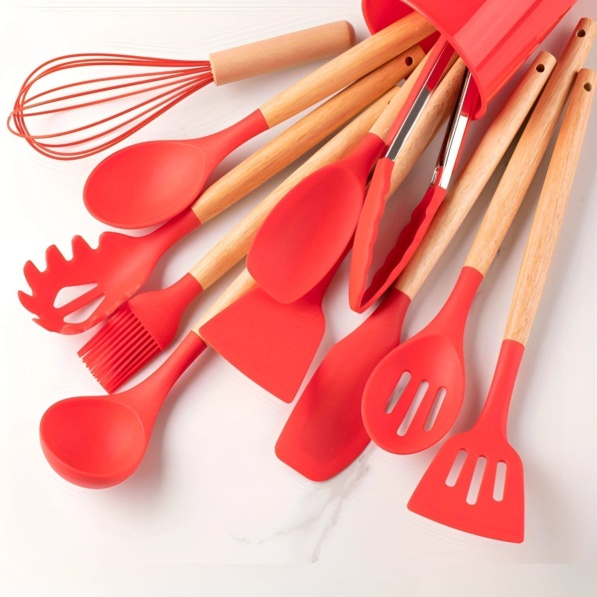 Non-Stick Silicone Kitchen Utensil Set with Bamboo Handles