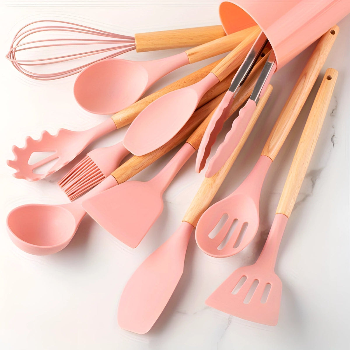 Non-Stick Silicone Kitchen Utensil Set with Bamboo Handles