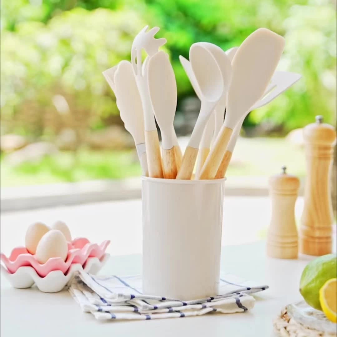 Non-Stick Silicone Kitchen Utensil Set with Bamboo Handles