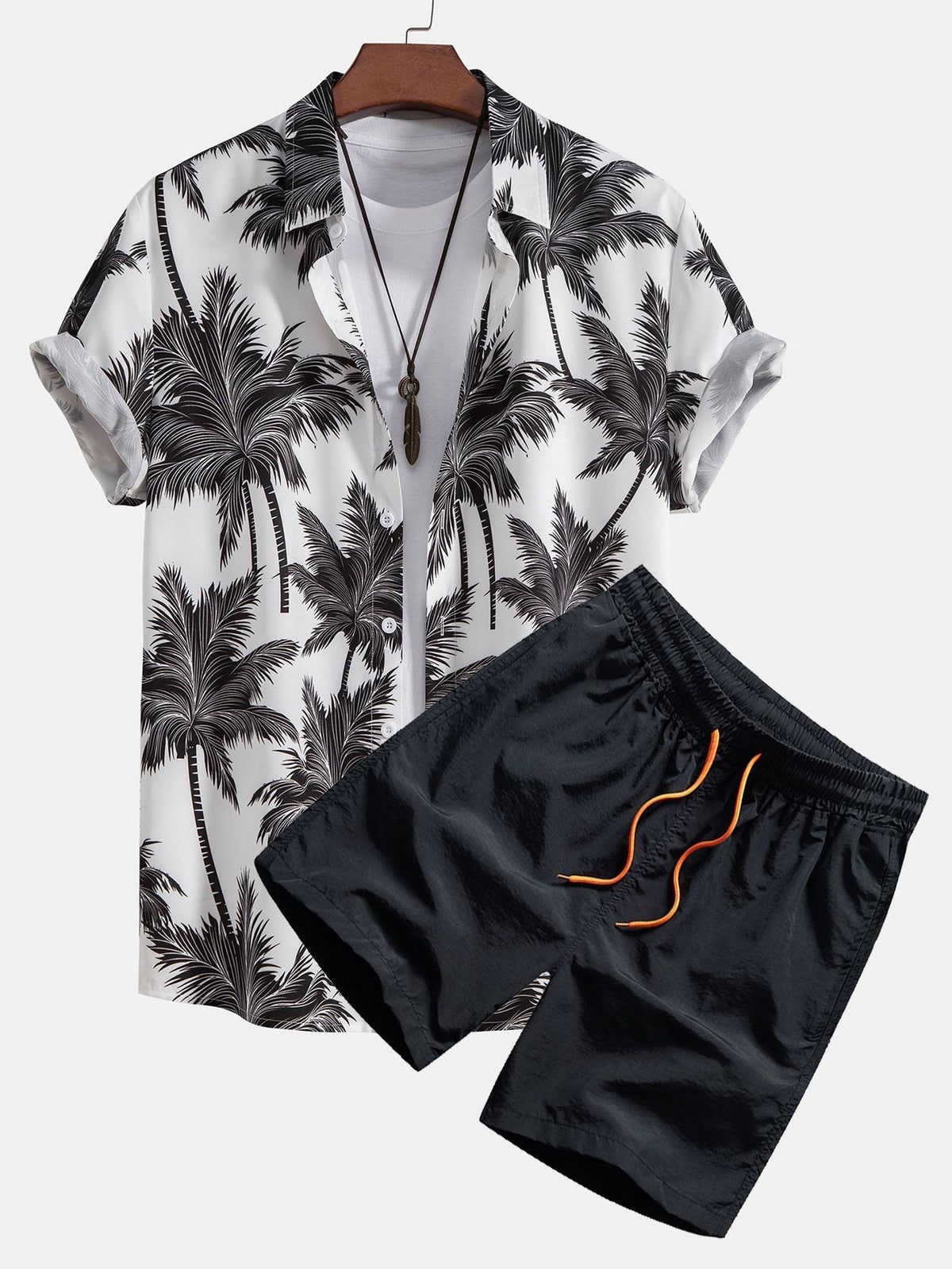 Palm Print Shirt and Swim Shorts Set – Regular Fit Casual Summer Outfit