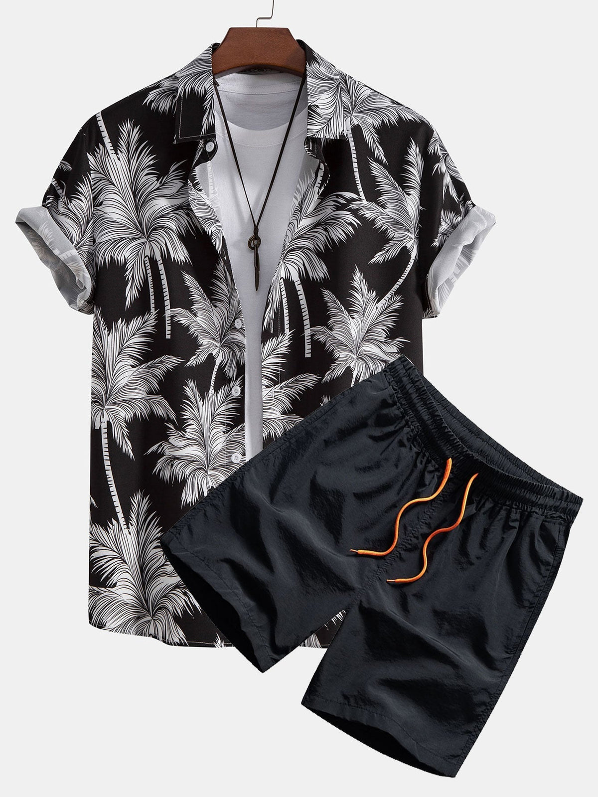 Palm Print Shirt and Swim Shorts Set – Regular Fit Casual Summer Outfit