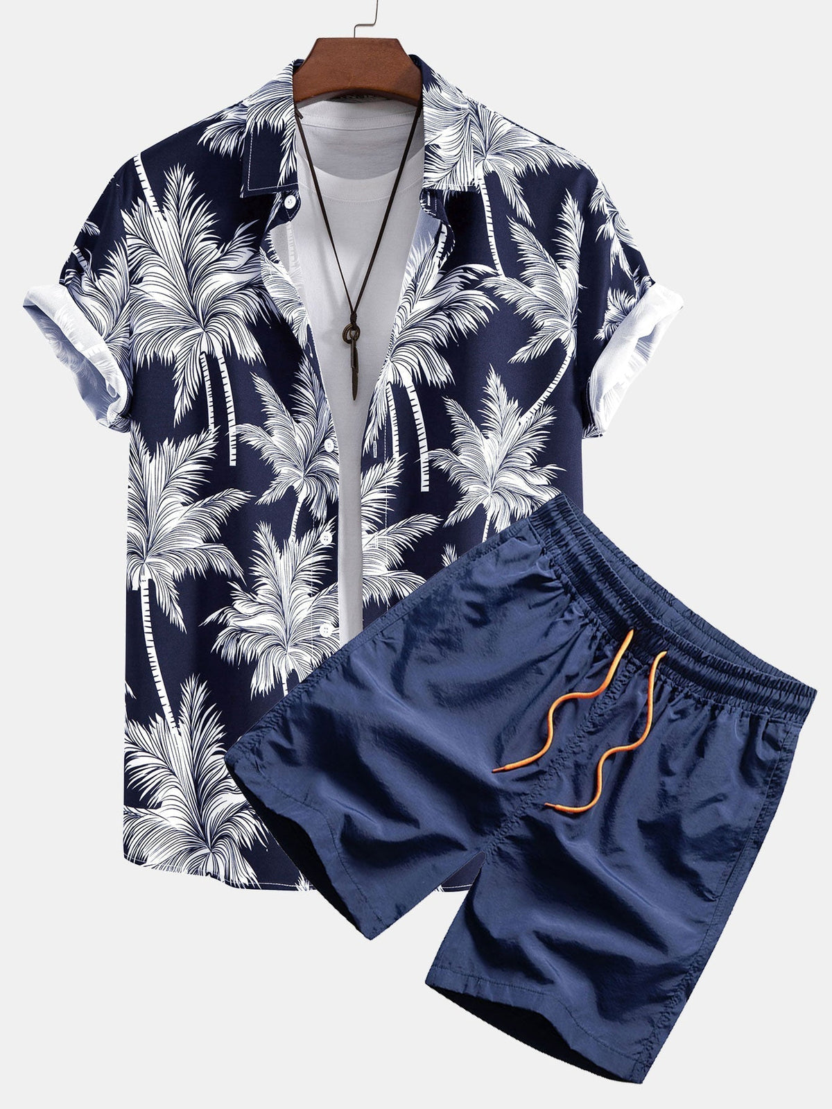 Palm Print Shirt and Swim Shorts Set – Regular Fit Casual Summer Outfit