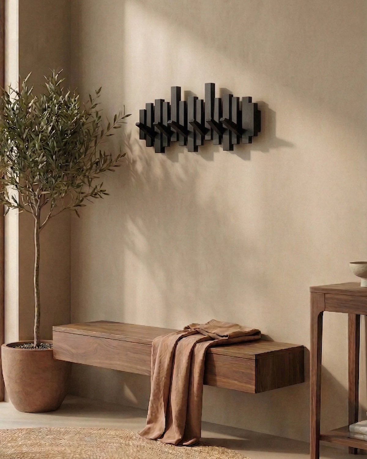 Piano-Style Coat Rack - Walnut/Beech - Elegant Design