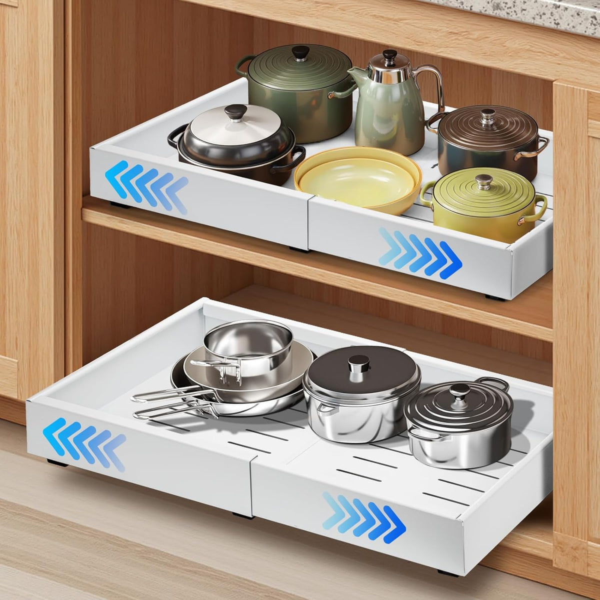 Pull-Out Cabinet Drawers with Adjustable Width and Smooth Gliding – Set of 2 Carbon Steel Kitchen Drawer Slides
