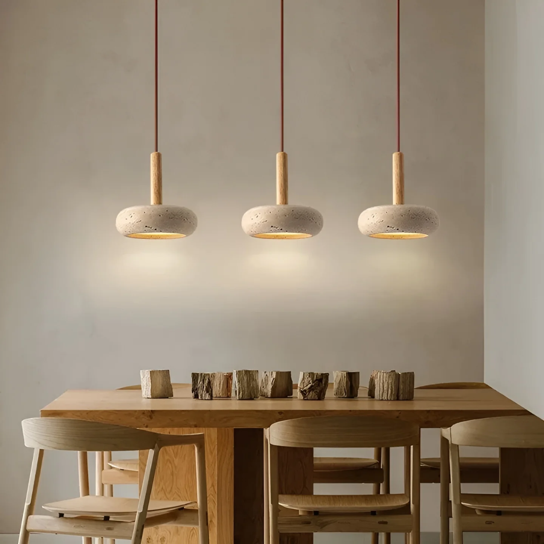 Retro Japanese Style LED Pendant Light - Adjustable Height Cave Stone & Wood Hanging Lamp - Ø 15cm, Cord up to 2m, Easy Installation
